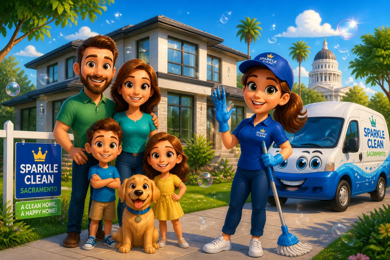 Clean Sacramento Homes family and cleaning crew in front of a home